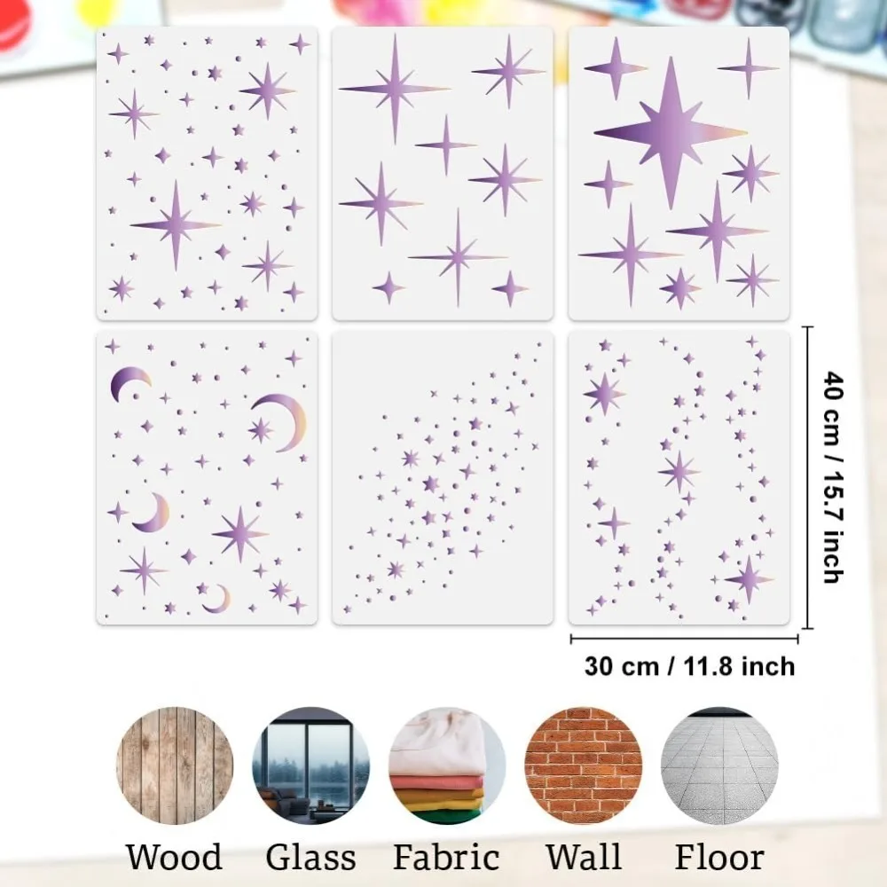 6Pcs Star Moon Wall Stencil Templates 15.7 x 11.8 Inch Reusable Plastic Twinkle Star Stencils for Painting on Wood Wall Floor