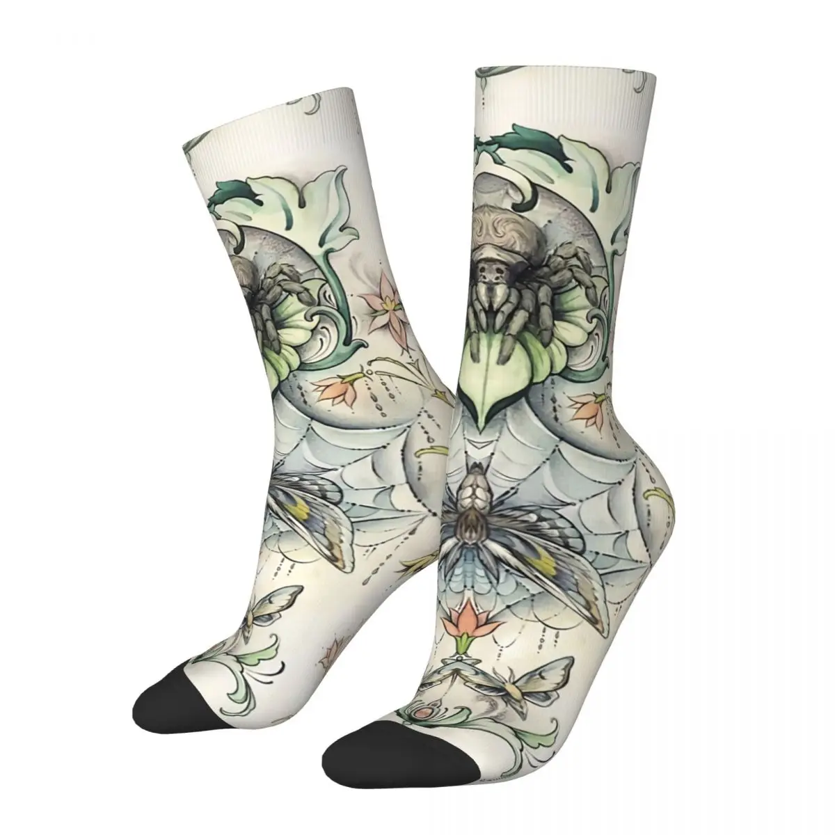 

Funny Men's Socks Antique Pattern Spider And Moths Retro Floral Flowers Street Style Seamless Crew Sock Gift Pattern Printed