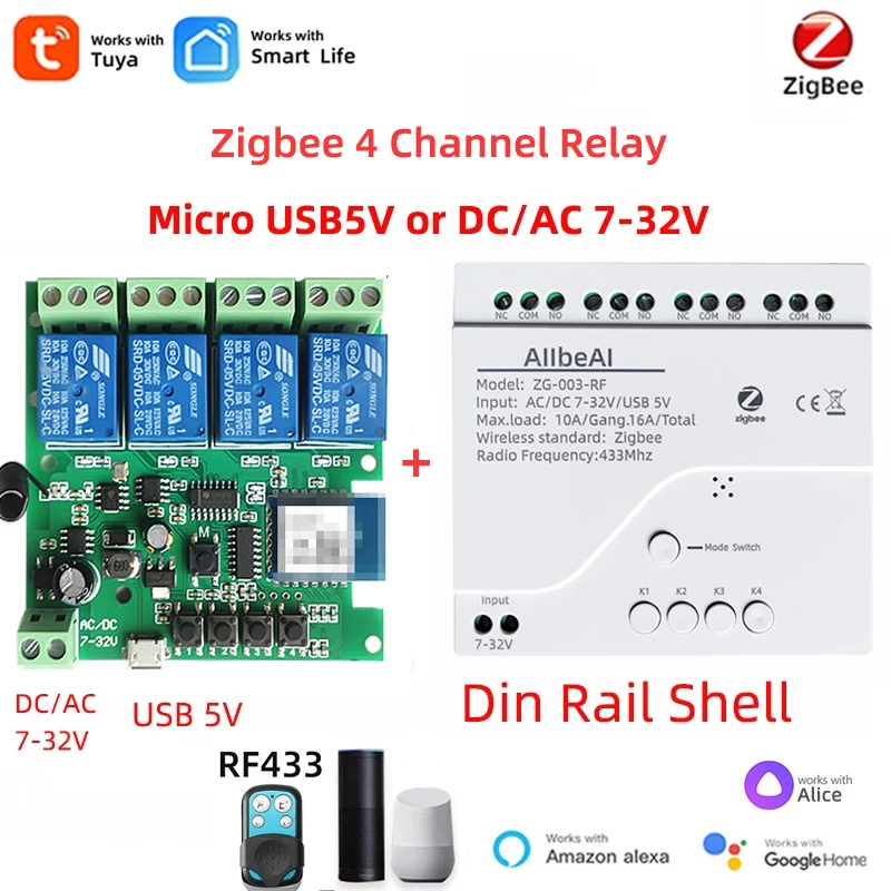 Zigbee Tuya Smart Home Relay for 2MQTT Gateway Hub,4CH Motor Switch Module,DC 12V 24V 32V 110V,4 Channel Radio RF Remote Control