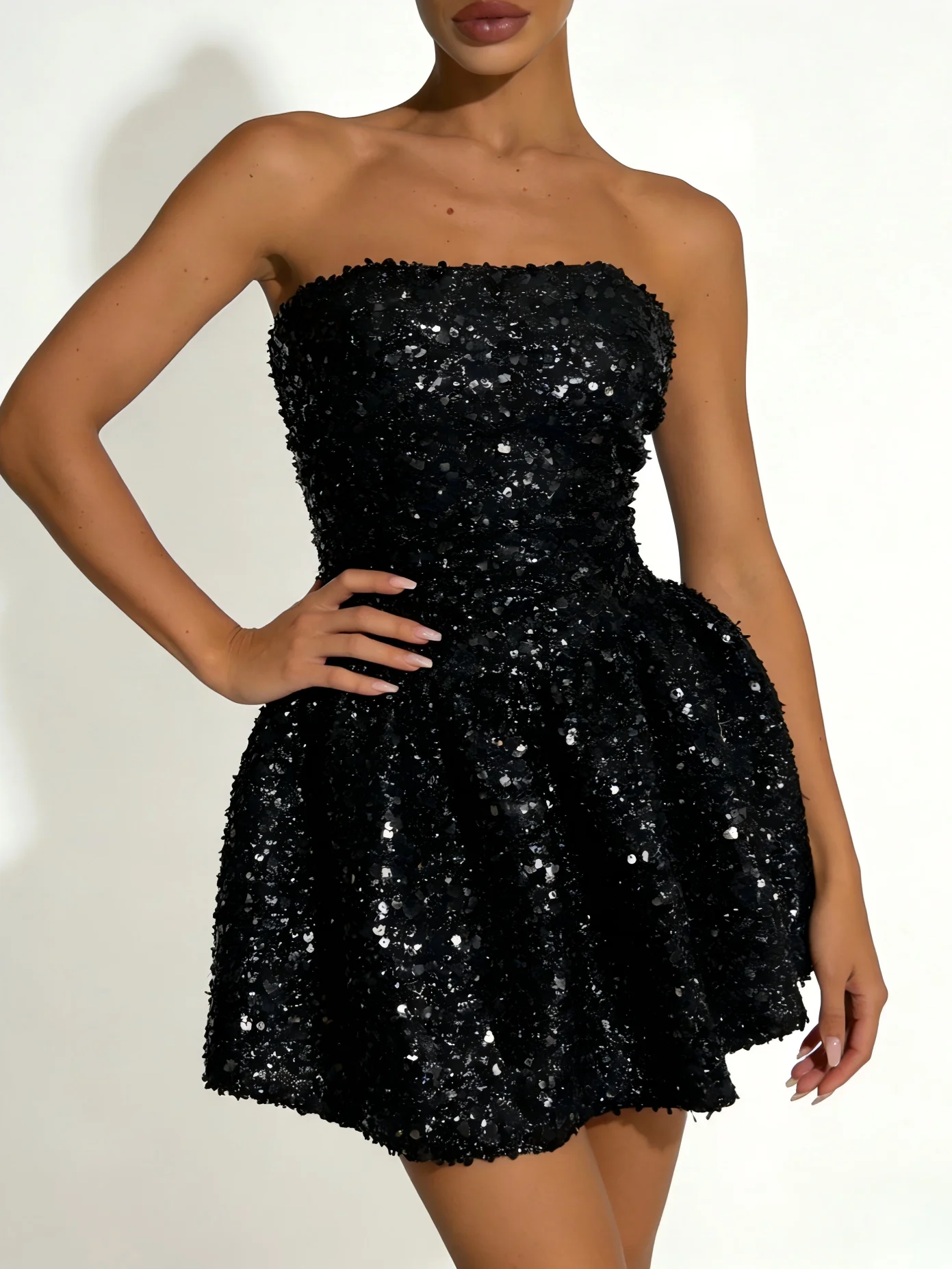 Sexy Shoulder Backless Sequin A-line Mini Dress for Women - Elegant Glitter Party Outfit for Graduation Cocktail Night Club