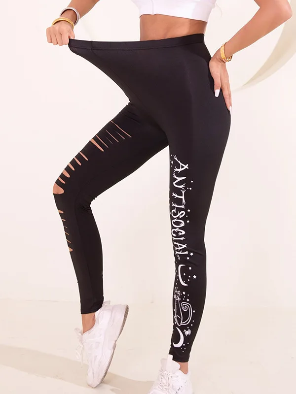 High Waist Yoga Pants Women's Printed Casual Elastic Bot Torn Hole Sports Leisure Letter Print Nine Point Pants
