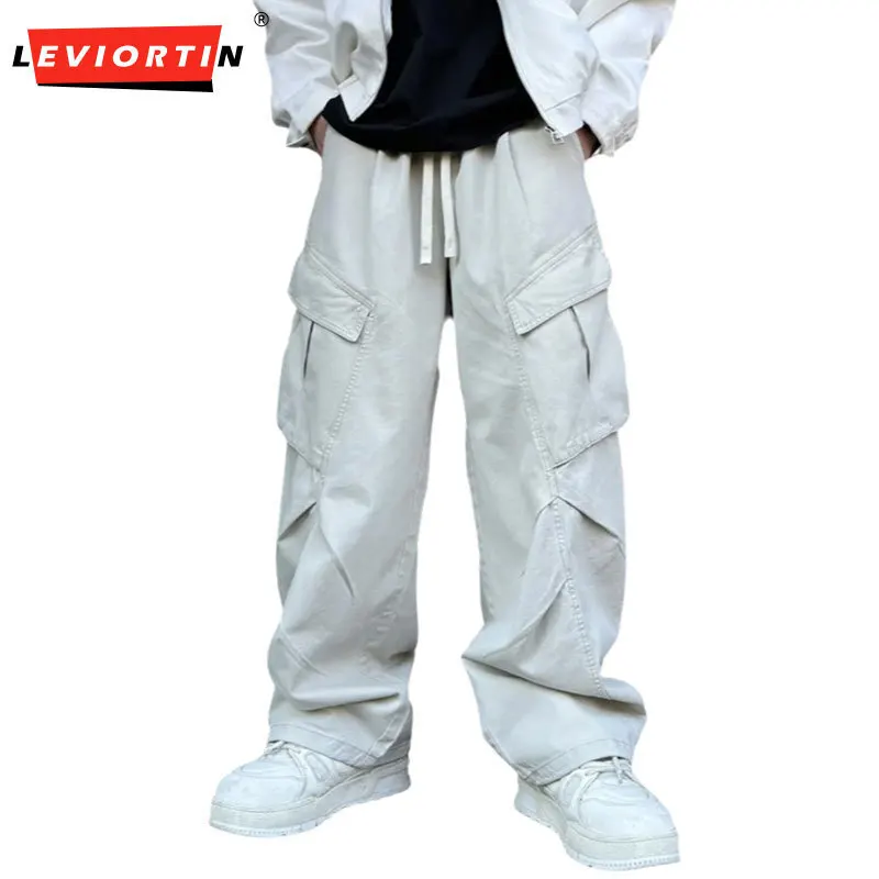 

Vintage Straight Leg Pants For Men 100% Cotton Wide Cargo Pant Casual Baggy Large Pockets Paratrooper Trousers Streetwear