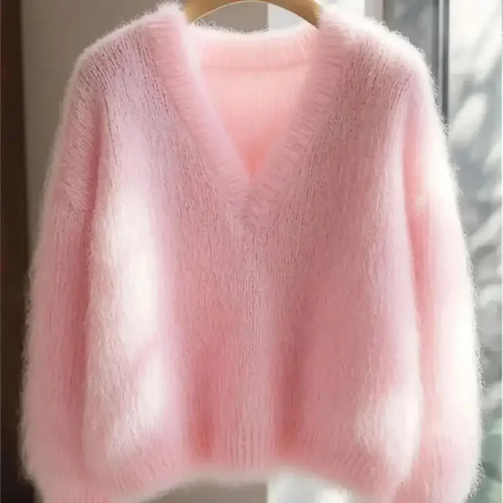 Pastel Pink Fuzzy Sweater for Women V-Neck, Drop Shoulder, Soft Mohair-Like Knit, Cozy Casual Pullover