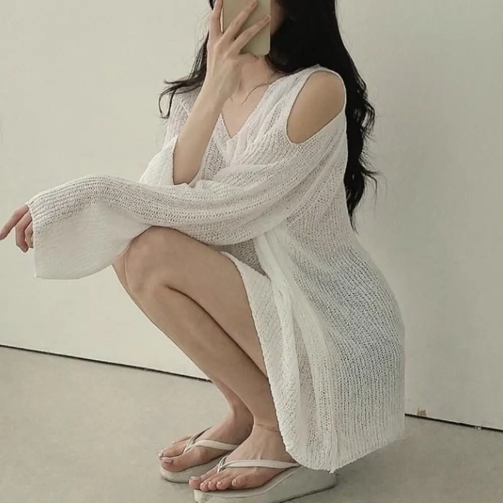 Mode évider tricot Long T-shirt pull col en v Crochet tricots Chic à manches longues tricoté haut ample femmes