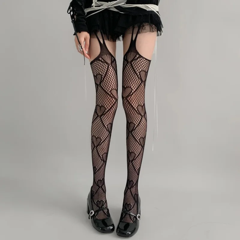 

New Love Heart Jacquard Suspender Stockings Women Hollow Out Breathable Stocking Tights JK Lolita Cute Style Y2K