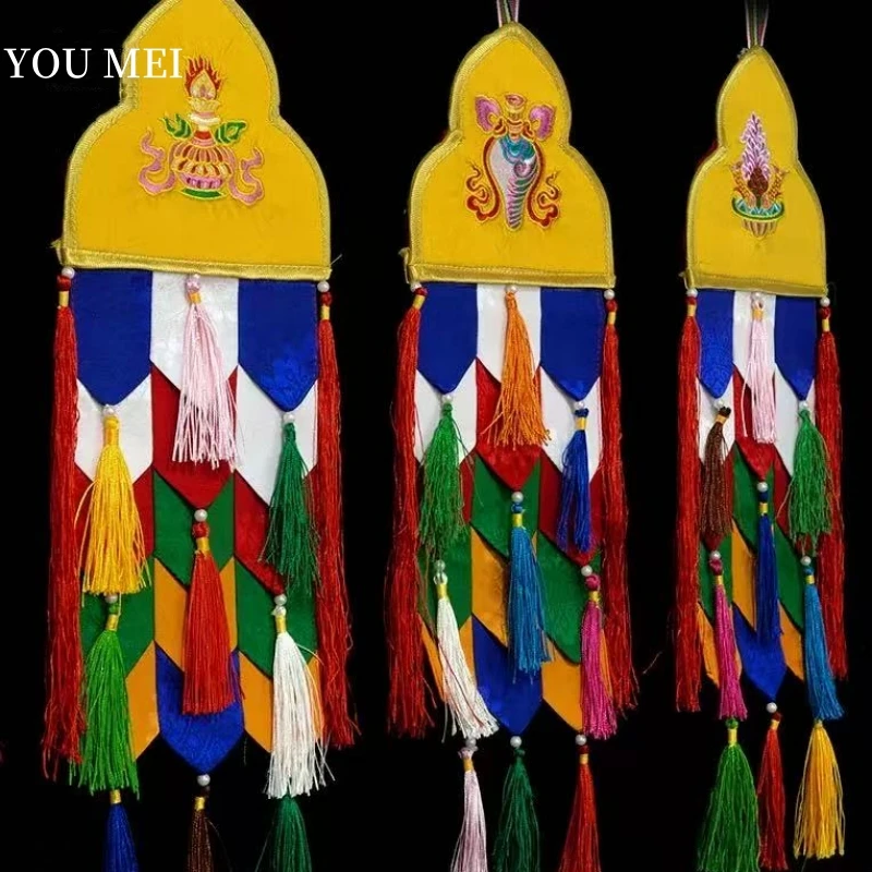 

Buddhism Ribbon Colorful Flags,Victory Buddha-Embroidered Pendant,Tibetan Umbrellas Banner Hanging Decoration Buddhist Item