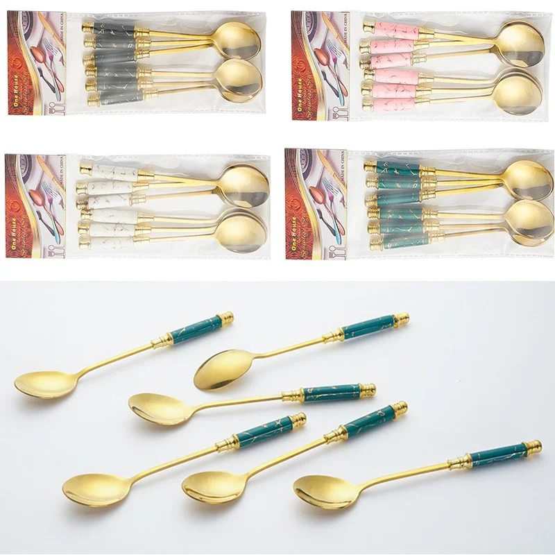 6Pcs/Lot Stainless Steel Dessert Icecream Spoon Nordic Marble Ceramic Long Handle Teaspoon Gold Coffee Cake Milk Spoon Tableware