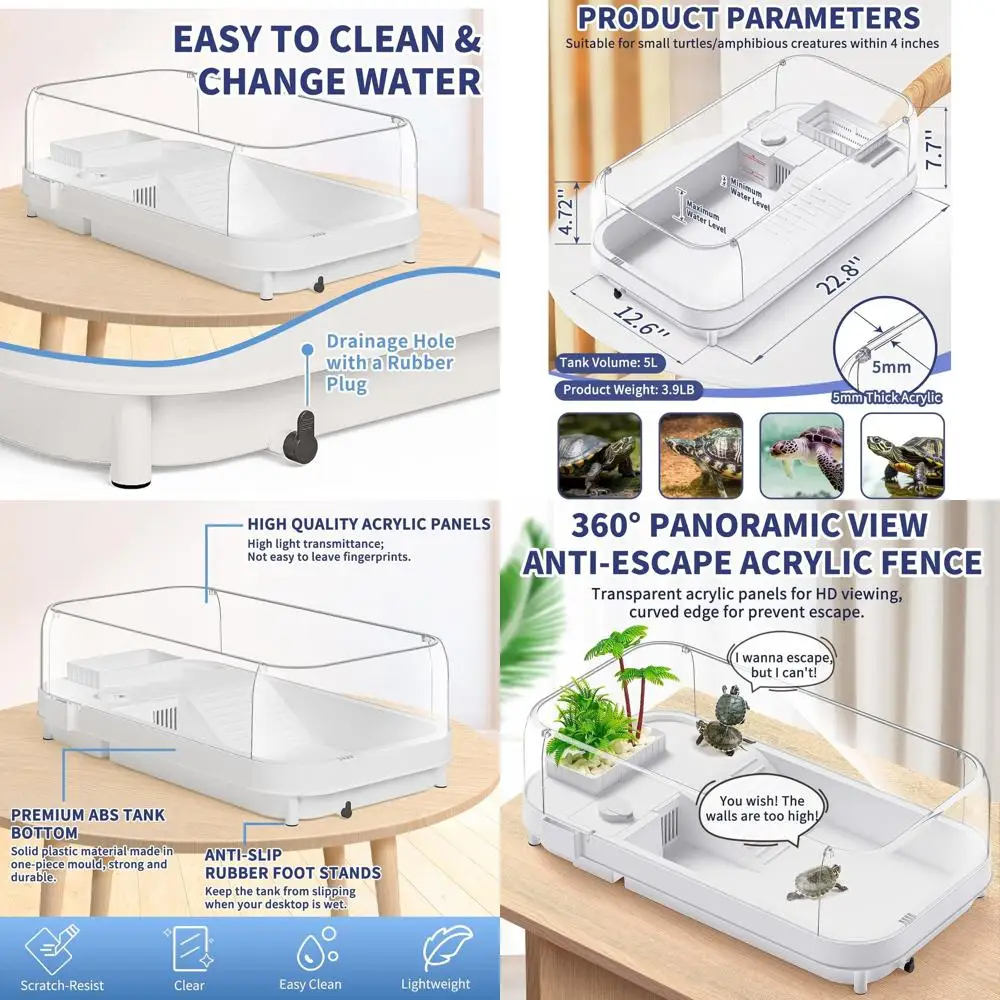 

Elevated Acrylic Turtle Habitat with Integrated Water Pump and Curved Barriers, Features Multi-Level Spaces and Efficient Draina