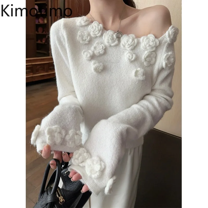 Kimotimo Autumn Winter 3D Flower Off Shoulder Sweater Women French Sexy Slim Long Sleeve Short Pullover Fashion Y2k Knitwear Top