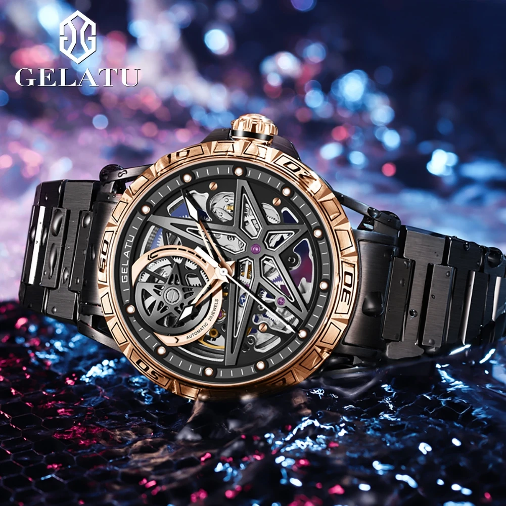 GELATU 6009 Multi-layer Skeletonized Mechanical Movement Watch For Men HD Night Light 50m Waterproof 316L Stainless Steel Watch