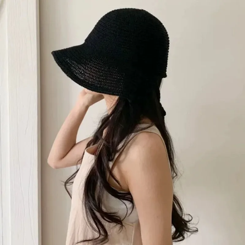 Korean Linen Knitted Straw Knitted Loli Hat Summer Simple Wide Brim Lace Breathable Sunshade Sunscreen Dome Sun Hats for Women