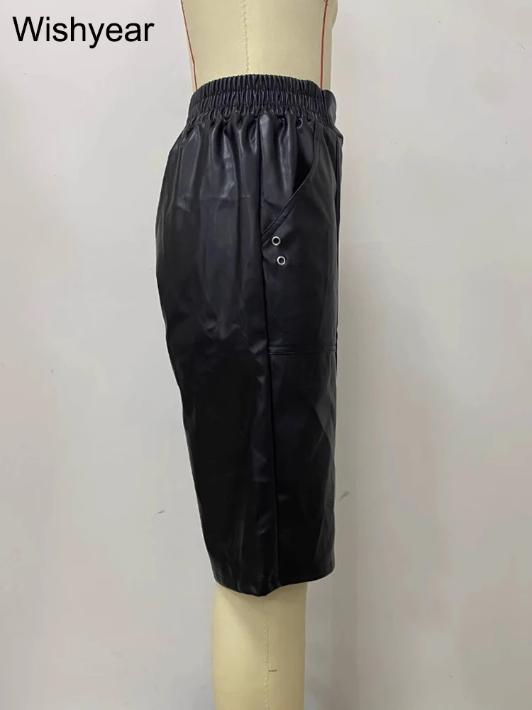 Vintage couro do plutônio solto shorts feminino verão harajuku casual em linha reta na altura do joelho calças de perna larga senhora do escritório mujer pantalones