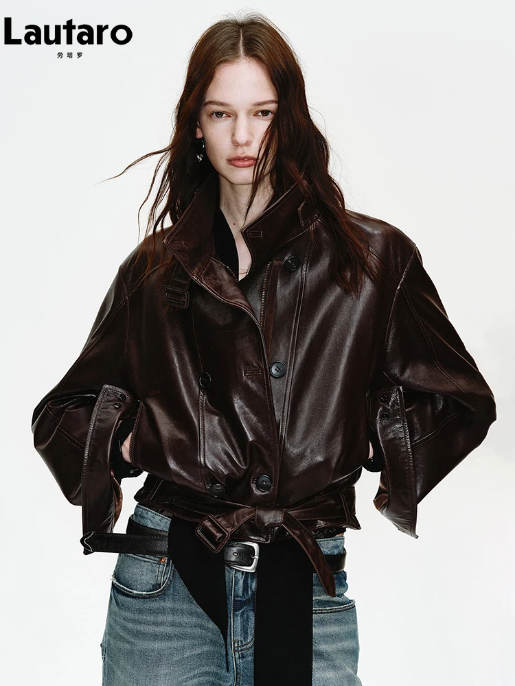 

Lautaro Spring Autumn Cool Handsome Retro Distressed Brown Soft Faux Leather Jackets for Women Double Breasted Runway Fashion