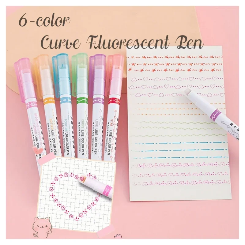 

6color Curve Fluorescent Pen Journal Lace Pen, Wave Flower-shaped Fluorescent Pen, DIY Contour Curve Pen Highlighting Marker Pen