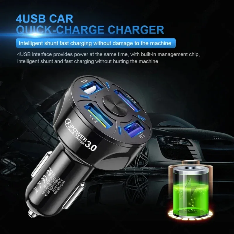‌4-Port USB Car Charger with 7A Fast Charging & LED Display for iPhone, Samsung, Xiaomi & Huawei ‌