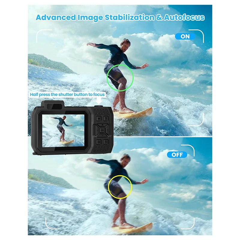 AED7-Waterproof Camera 4K 65MP Underwater Camera With 64G Card, For Snorkeling Autofocus Selfie Dual-Screen
