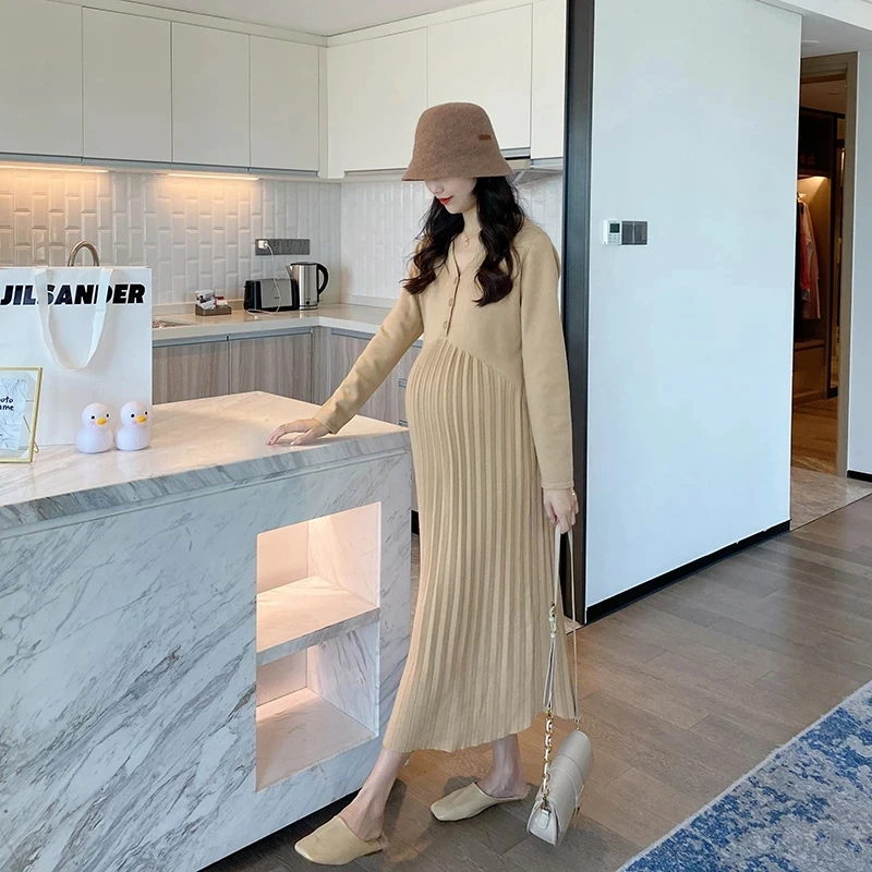 Newest Autumn Winter Fashion Knitted Maternity Long Dress V Neck A Line Slim Pleated Ruffle Clothes for Pregnant Women Pregnancy