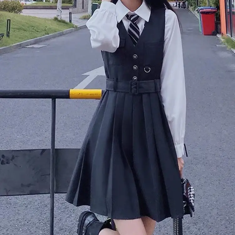 Feminino estilo preppy conjunto 2024 outono nova roupa de três peças camisa blazer casaco com vestido plissado fino elegante terno cinza escuro