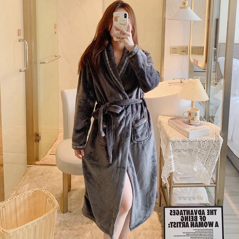 Long Coral Fleece Nightgown with Thickened and Plush Insulation Sweet and Cute Bathrobe Plus Plus Plus Size Nightgown for Ladies