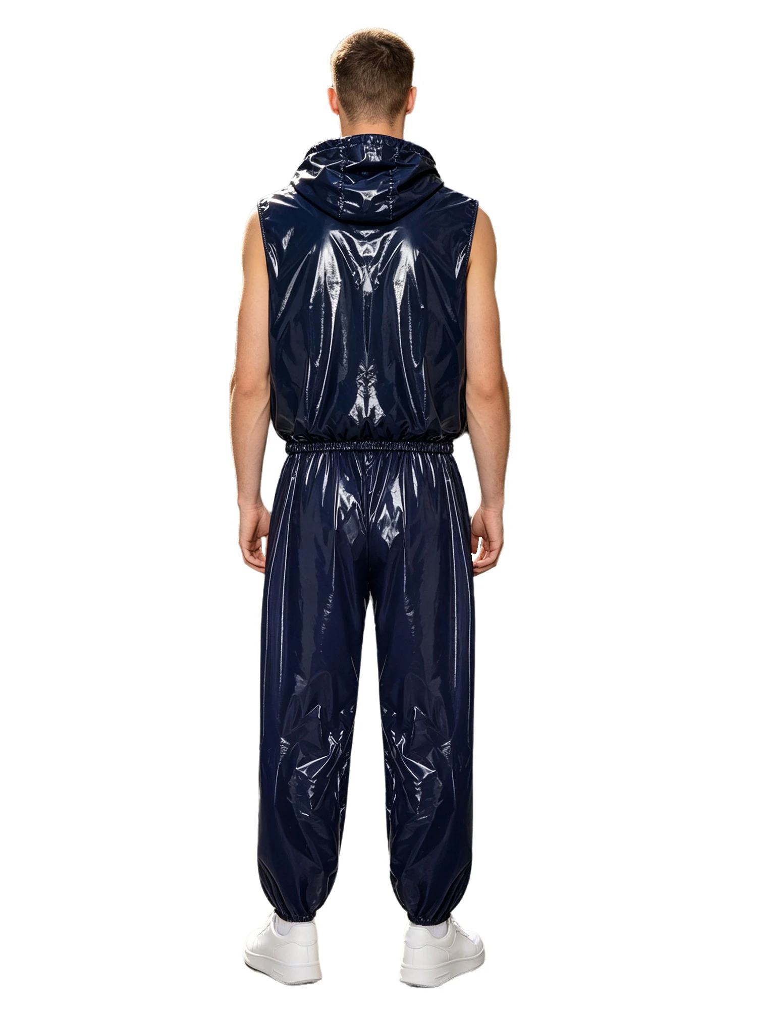 Men Waterproof Sleeveless Zip Vest with Detachable Hood and Pants 2 Piece Set for Cycling Running Workout Outdoor