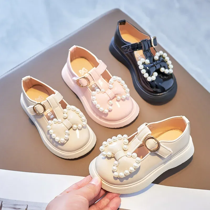 

2024 Autumn Beading Princess Shoes Sweet Cute Soft Comfort Children Flats Kids Shoes Girls Leather Shoes with Bow-knot Pearls