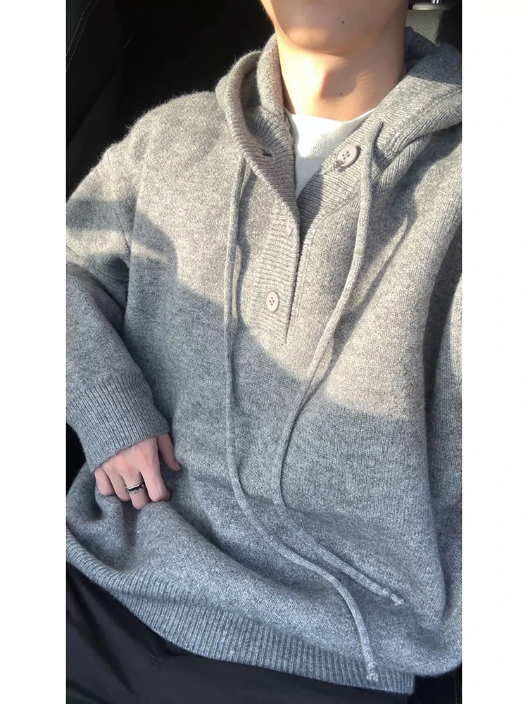 

ay Hooded Knitted Sweater V-Ne Men's Button-Up Winter Casual Loose Fit Polyester Long Sve Thiened Jaet