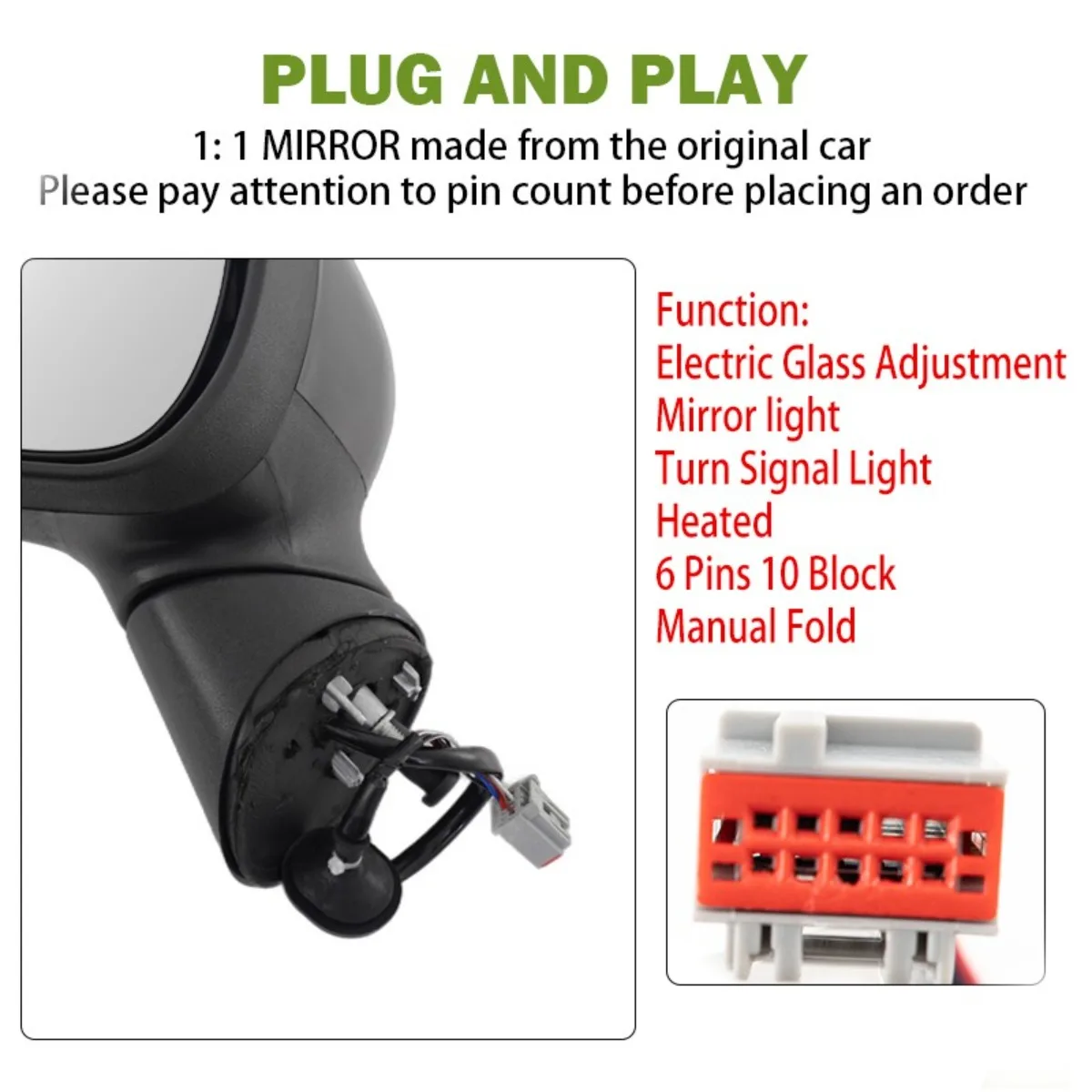 6 Pins 10 Block For Ford Fiesta MK7 2012-2018 R /L Side Red Wing Mirror Electric Heated Car Side Rearview  Mirror Assembly