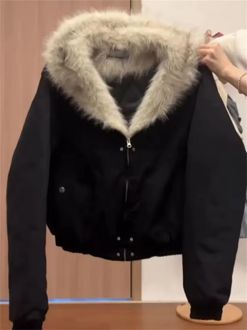 

Эстетическая черная элегантная куртка 2000-х годов, женская зимняя куртка 2025 на молнии с капюшоном в стиле Харадзюку, теплое качественное пальто, женское свободное повседневное шикарное наряды