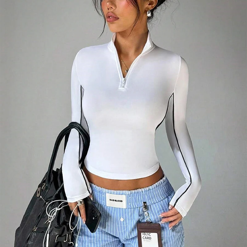 

Женский белый укороченный топ с контрастными полосками и молнией до середины груди, с длинным рукавом, облегающий, эластичный, повседневная футболка для уличной моды, клубных вечеринок и на каждый день