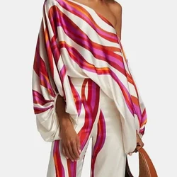 Casual satijnen woon-werkpak mode holle off-shoulder tops met lange broek dames 2-delige sets 2023 lente losse print outfits