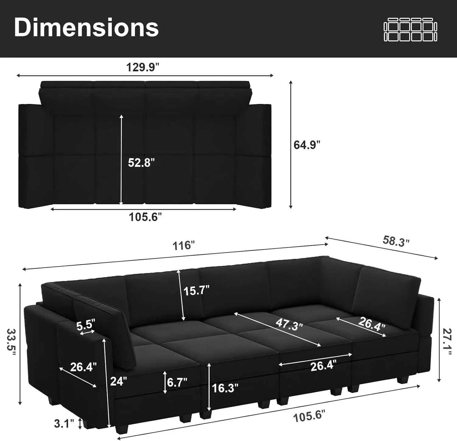 Modular Sectional Sofa with Storage Chaises Sectional Sleeper Sofa Couch 8 Seat Sectional Sofa Bed for Living Room Black