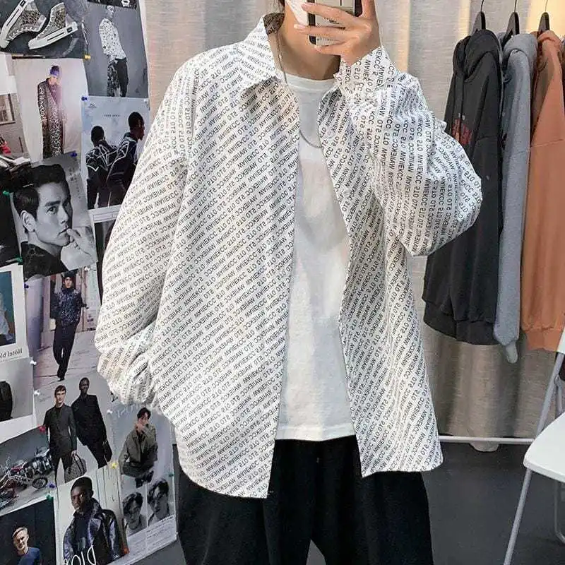 Elegant Fashion Harajuku Slim Fit Male Clothes Loose Casual All Match Outerwear Square Neck Printed Button Long Sleeve Blusa