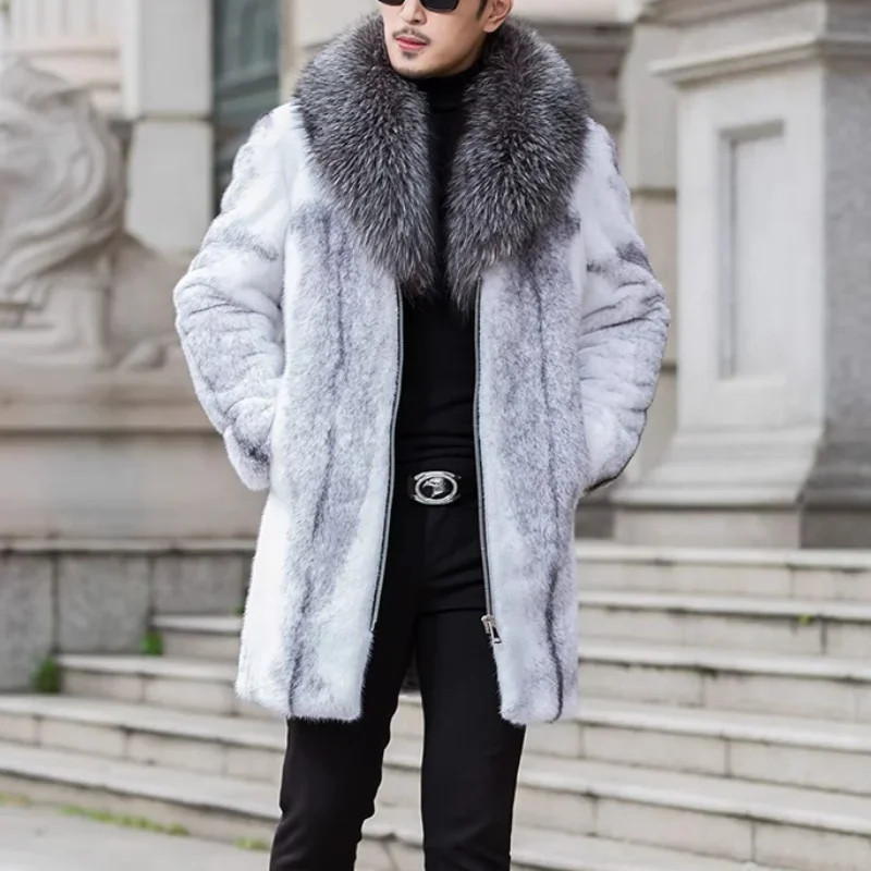 Zipper Men Fur Coat Autumn Winter Thick Faux Fox Jacket Long Sleeve Warm Luxury Fur Black Parkas Bontjas Furry Shaggy Outerwear