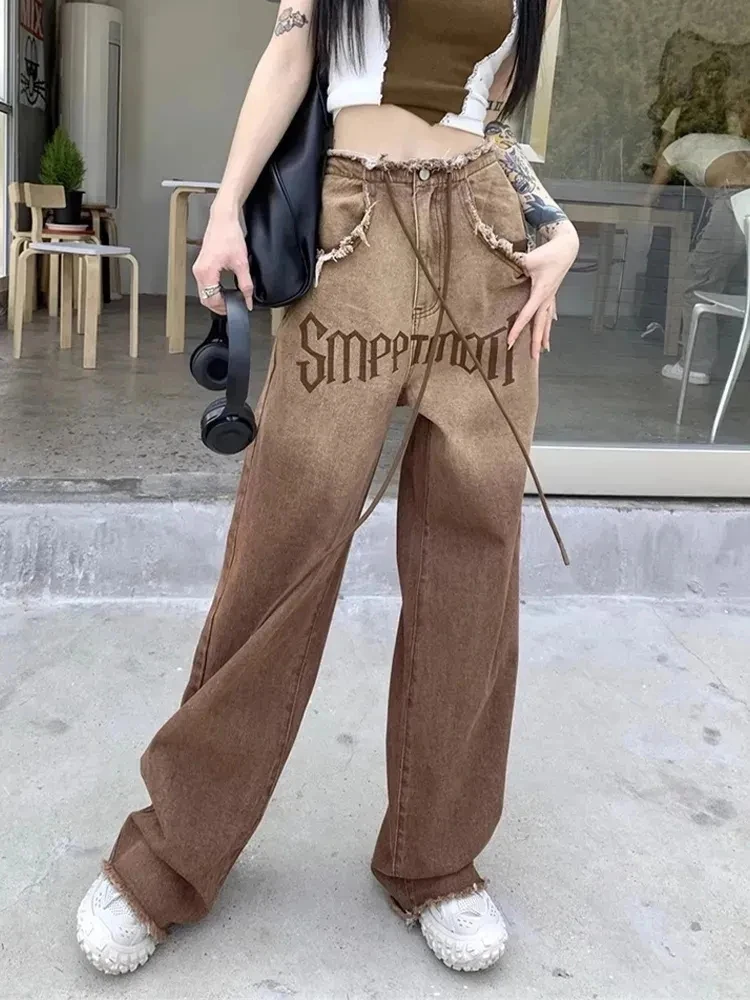 

Gradient Letter Women Jeans Y2K Autumn American Retro Tassel Lace Up Denim Pants Streetwear Hotsweet Straight Wide Leg Trousers