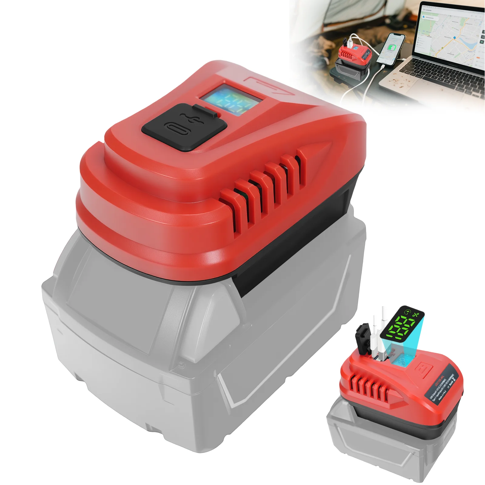 

Battery Charger for Milwaukee 18V Battery 100W Portable Phone Charger USB Charger Adapter with USB & Type-C Port (No Battery)