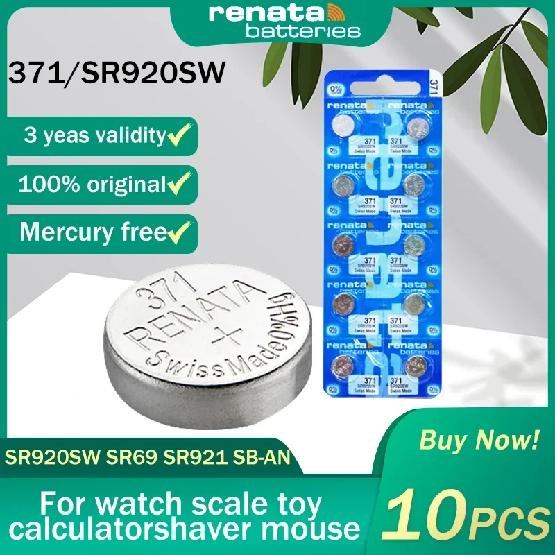 10PCS Renata 371 SR920SW AG6 LR920 LR69 920 1.55V Silver Oxide Watch Battery For Scale Watch Toy Remote Control Button Coin Cell