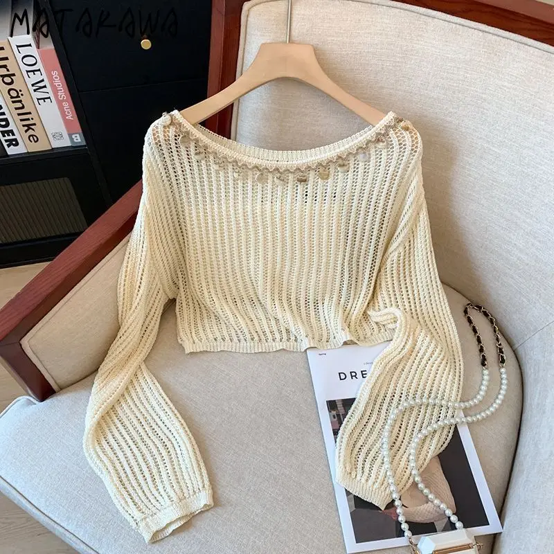 

Matakawa Knitted T Shirt for Women Hollow Out Spring Autumn Sunscreen Short T-shirts Solid Sequins Korean Fashion Ropa De Mujer