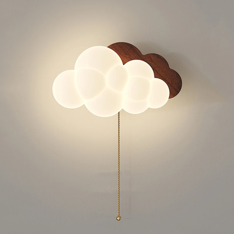 Medieval Style Walnut White Cloud Bedside Wall Lights Zipper Switch Plug Switch Living Room Aisle Children's Room Wall Lamps