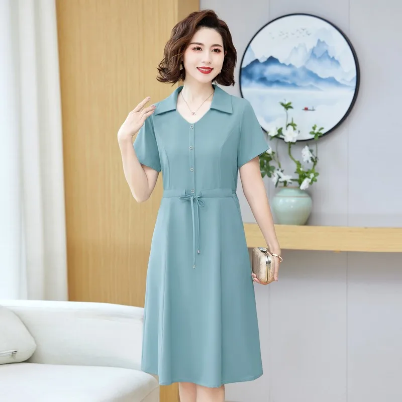 Summer Fashion Solid Shirt Dress coulisse in vita prendisole abiti eleganti Work Vestido A Line Holiday Robe Female