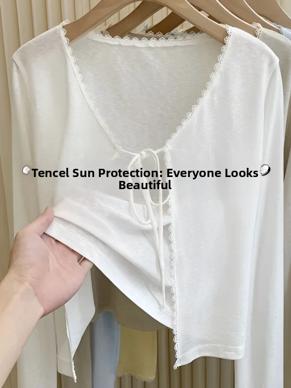 Casual Style Lace Splice Belted Open Cardigan Women's Outerwear Shoulder Padded Sun Protection Cotton Blend Long Sleeve Coat