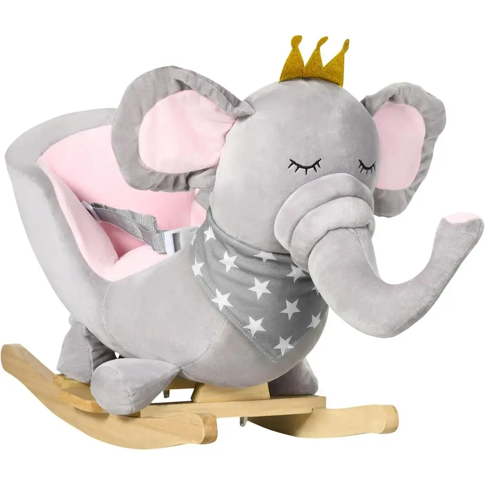 

Gray Toddler Rocking Elephant Chair with Sound, Wooden Base, Safety Belt, for 1.5-3 Years