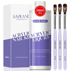 Saviland 240ml Monomer Acrylic Nail Liquid with 3pcs Acrylic Brushes Size 8/10/14 for Acrylic Powder Nails Extension Salon DIY