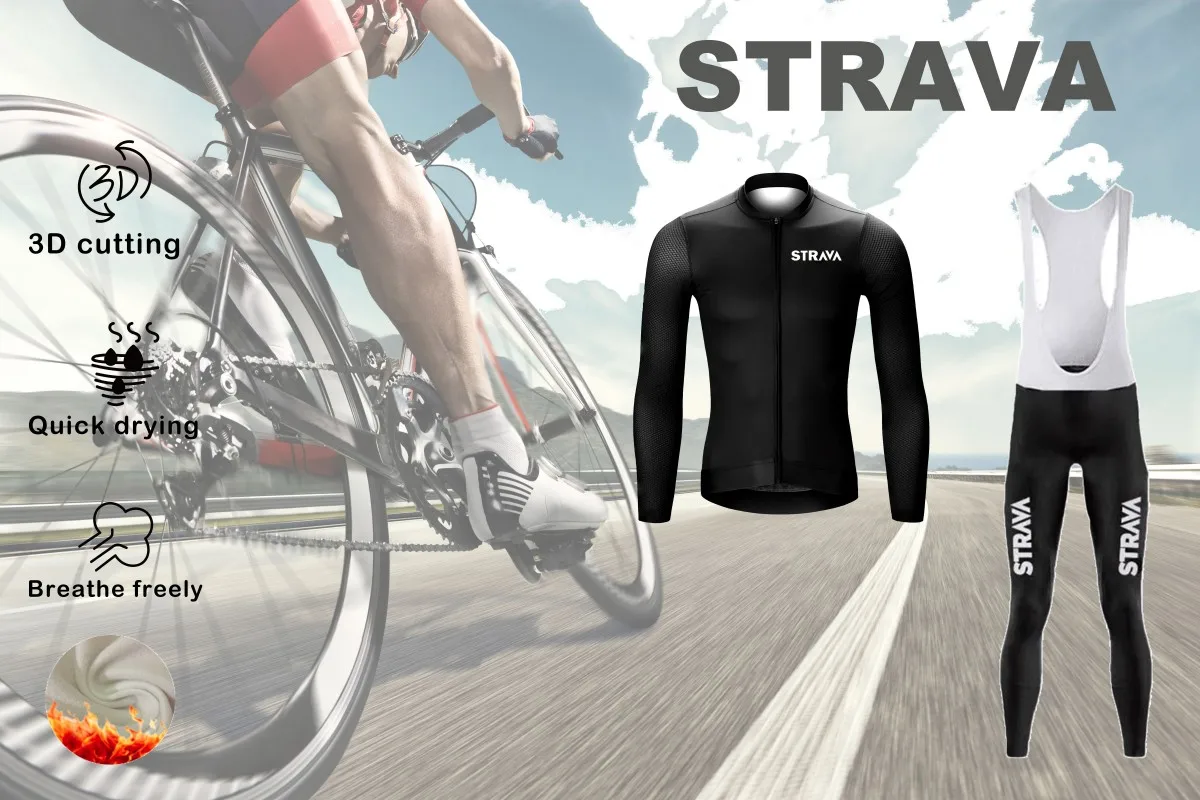 Strava Cycling Men's Winter Long Sleeve Bib Suit Warm Cycling Jacket Jersey Mountain Road Bike Christmas Thanksgiving Gifts