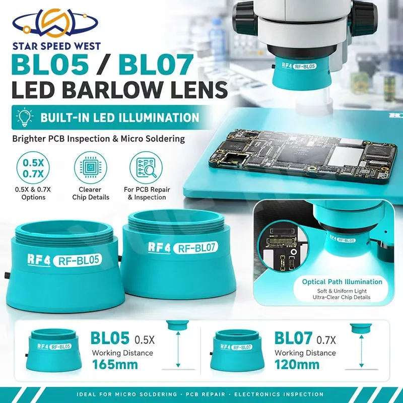 Objectif auxiliaire de microscope RF4 BL05 BL07 0.5X 0.7X avec lentille de Barlow, 65 mm WD, LED intégrée pour réparation de circuits imprimés, soudure et inspection