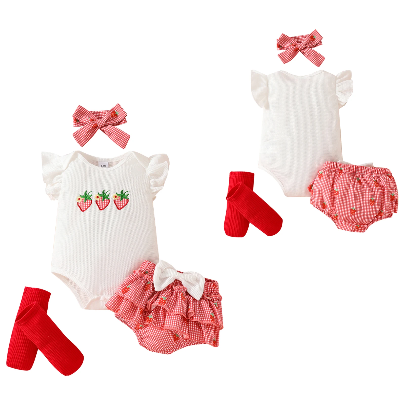 

Baby Girls Clothes Short Sleeves Cute Embroidery Rompers Plaid Ruffled Shorts Foot Covers Headband Infant Summer Party Outfits