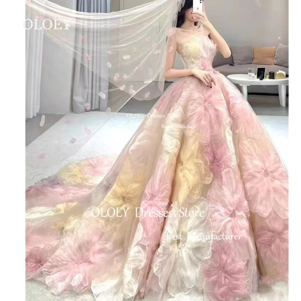 OLOEY Exquisite Floral Prom Dresses Korea Wedding Photoshoot Strapless 3D Flowers Sweep Train Evening Dresses Customized