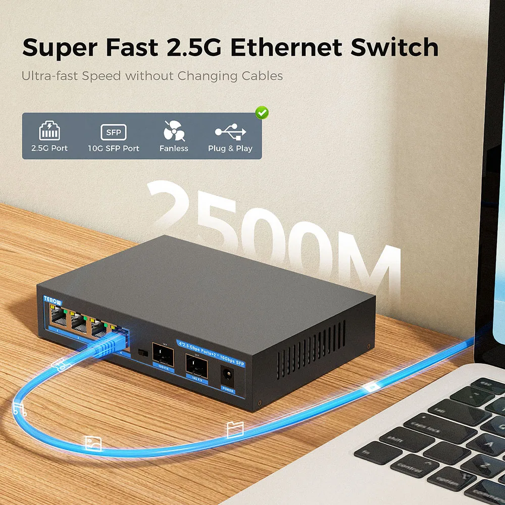 TEROW 2.5Gbe Ethernet Switch 2500Mbps Network Switch 2.5GBASE-T 4 Port 2.5G RJ45 with 2 Port 10G SFP Switch Unmanaged NO POE