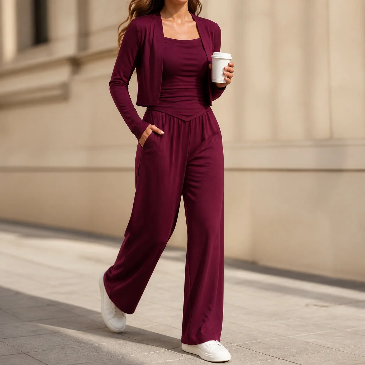 Women's Spring Casual Long Sleeve Zipper Cardigan Two Piece Set Woman Matching Sets in Woolen Fabric Solid Color Relaxed Fit