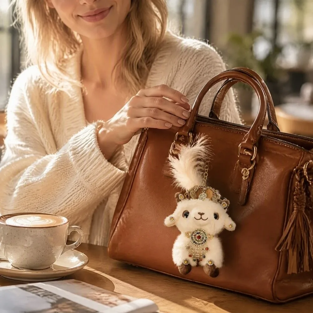 Cute Soft Sheep Decorative Crystal Tassels Lamb Bag Charm Floral Embroidery Feather Rhinestone Mascot Pendant Spring Festival