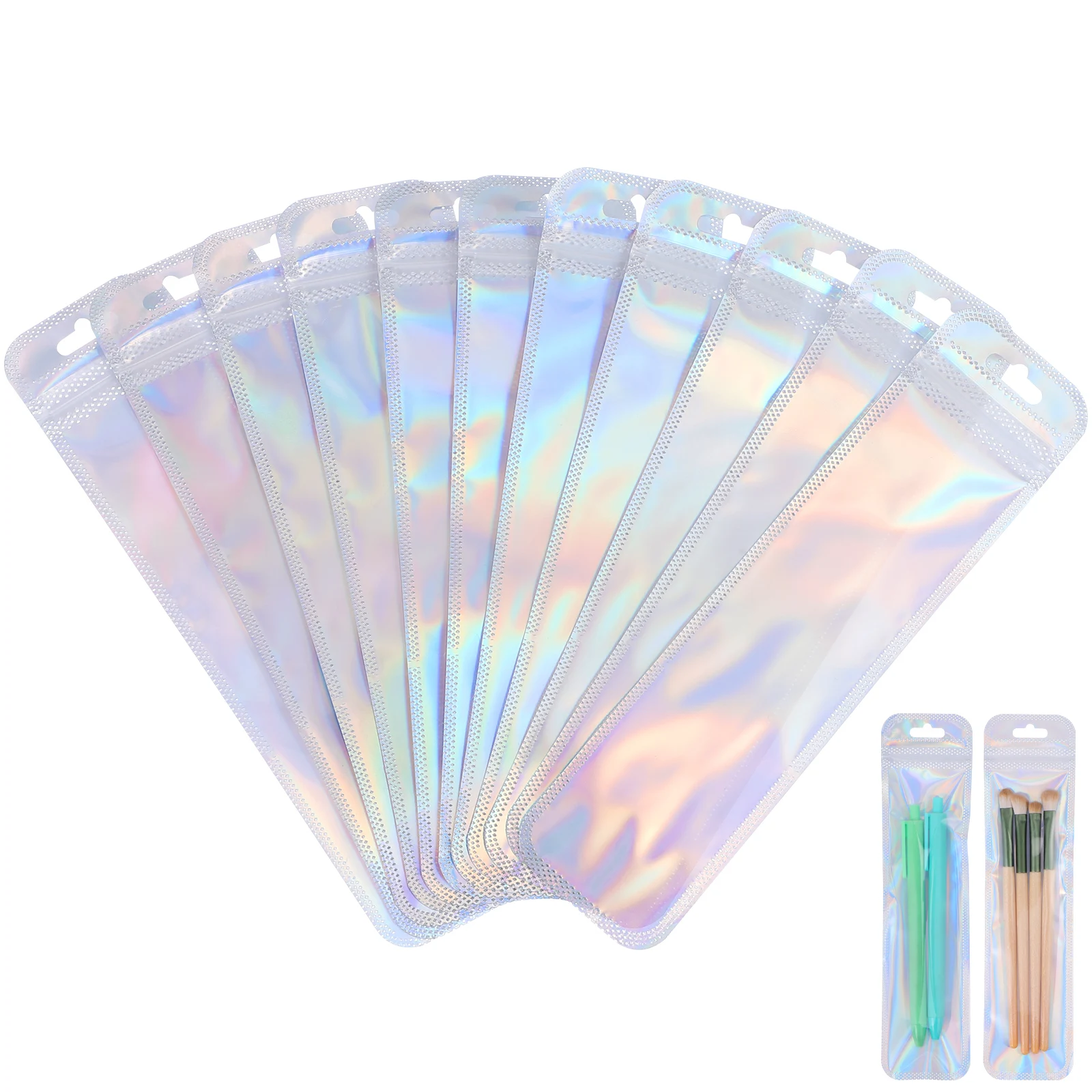 

100 Pcs Self Sealing Bags 5 5x22cm Rainbow Aluminum Waterproof Holographic Packaging Lip Gloss Jewelry Makeup Brushes Pens